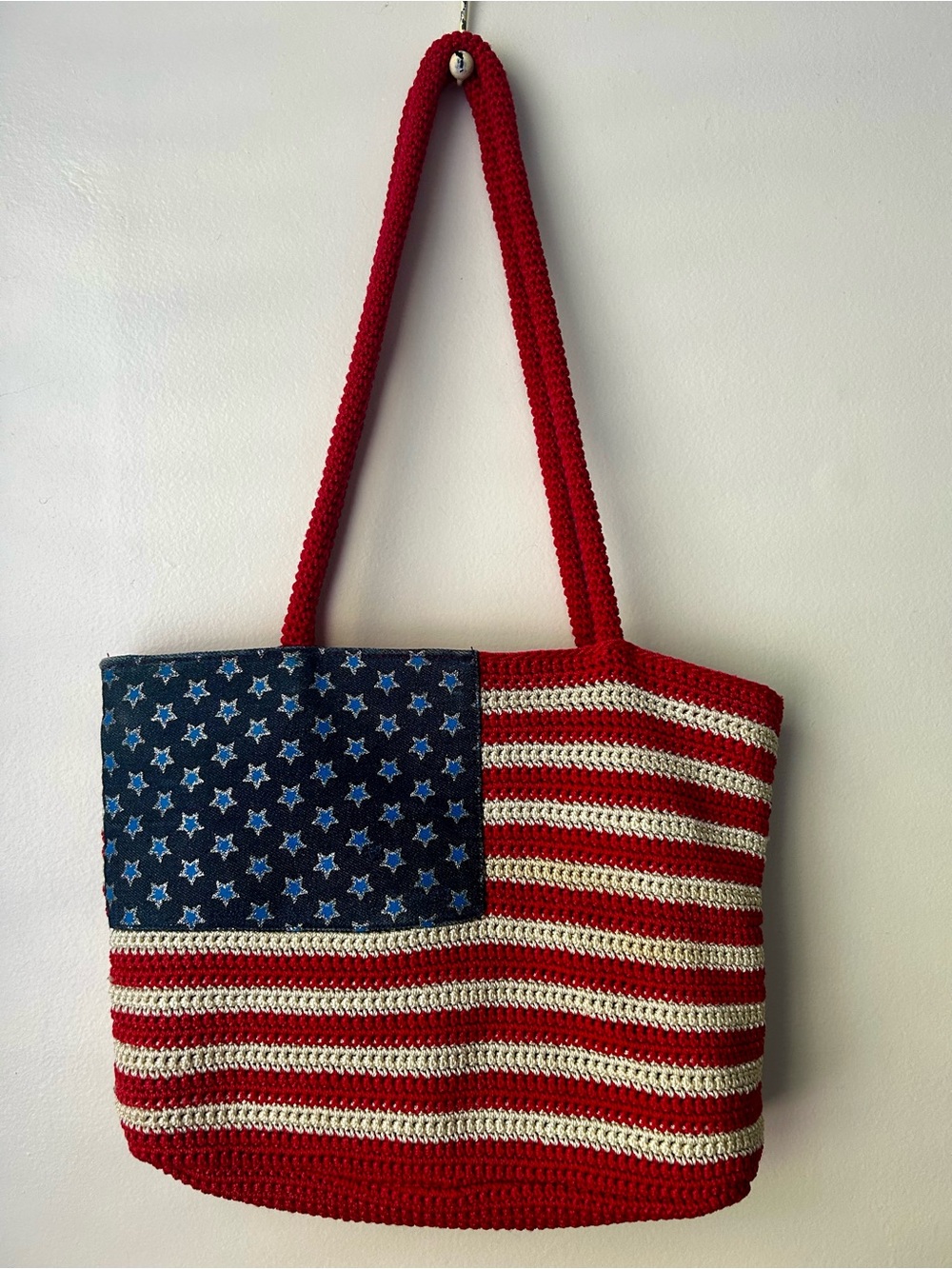 Handmade American Flag Crochet Tote Bag in Red, White & Blue